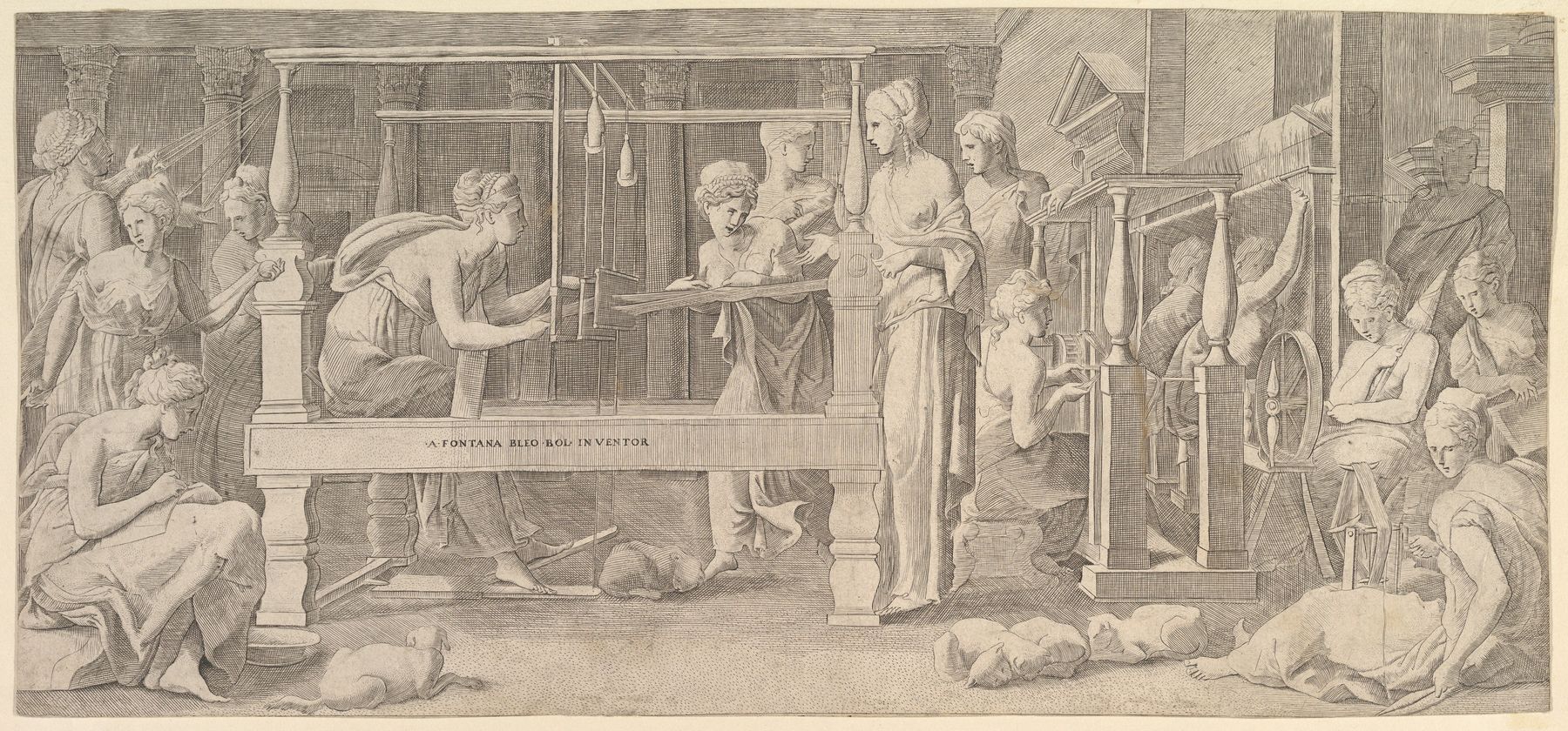Sixteenth-century engraving of women spinning, weaving, and sewing together